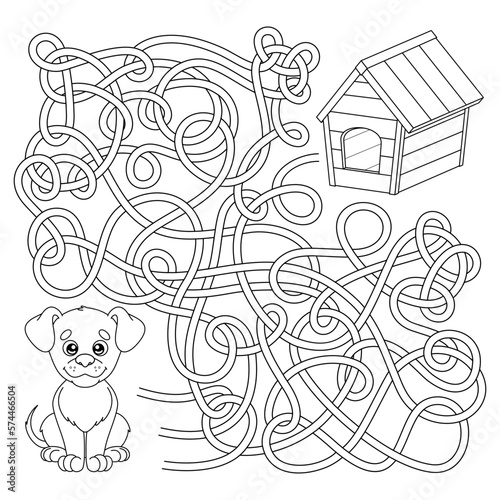 Game labyrinth, kids logic puzzle with cartoon dog. Maze for kindergarten and school children. Help cute puppy find the right road to dog house. Page of coloring book. Vector contour illustration.