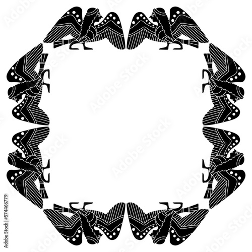 Rectangular ethnic frame with funny ancient Greek Siren or Harpy. Half bird half woman. Fantastic mythological animal. Vase painting style. Black and white silhouette.