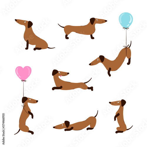 Cute cartoon dachshund set. Vector illustration of funny dog