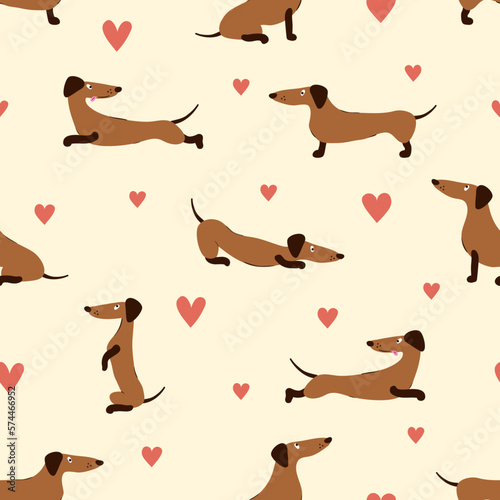Seamless pattern with cute cartoon dachshunds and hearts. Vector dog illustration
