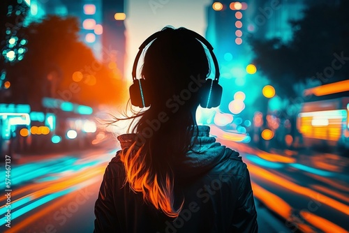 Ai generative girl in headphones and the night city in motion