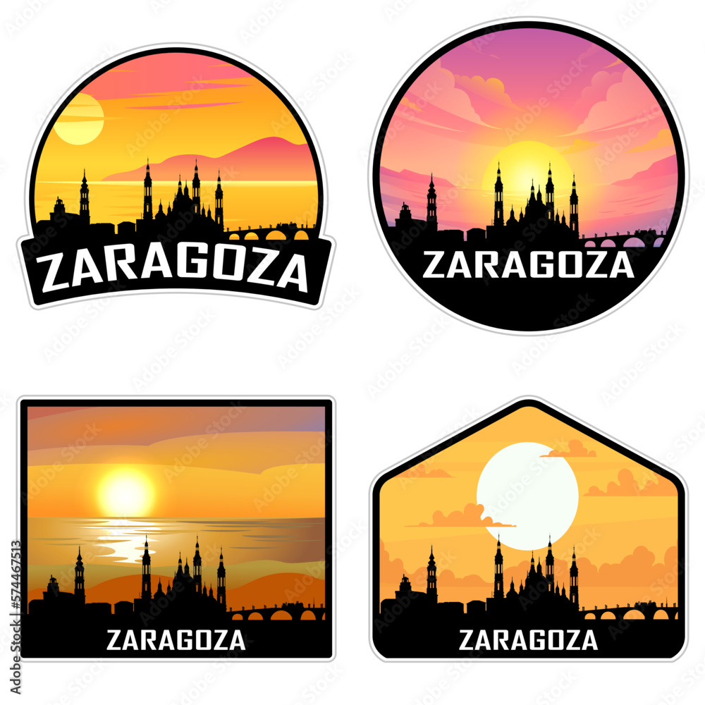 Zaragoza Spain Skyline Silhouette Retro Vintage Sunset Zaragoza Lover Travel Souvenir Sticker Vector Illustration SVG EPS AI