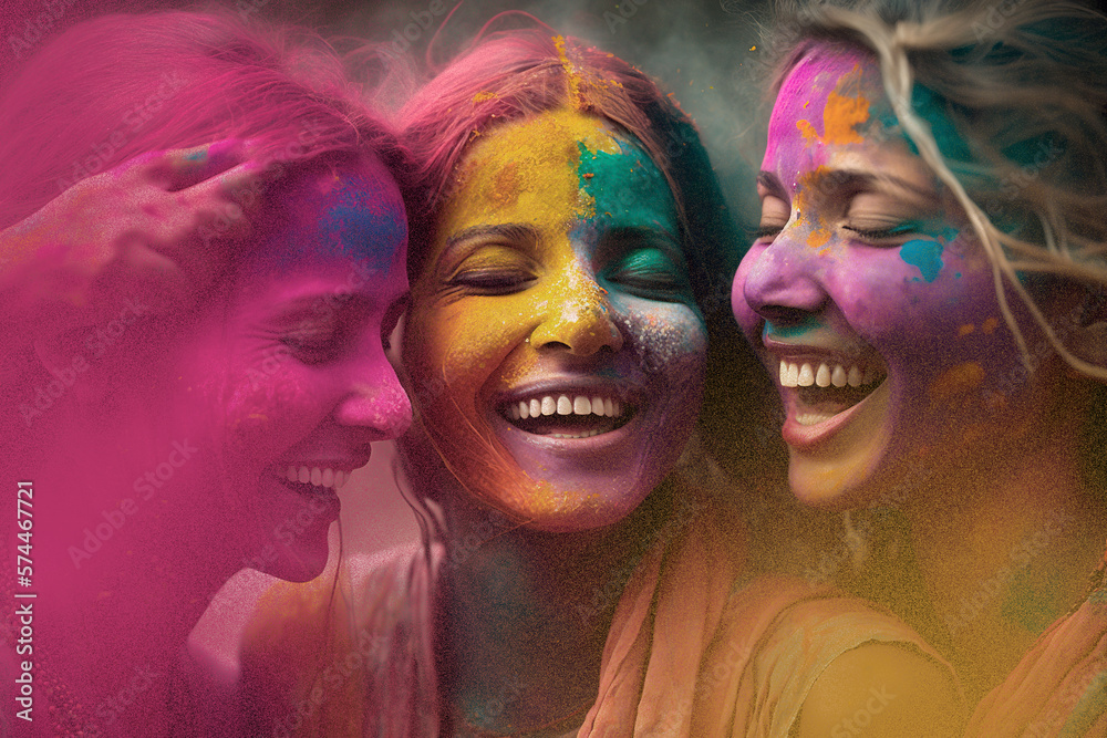 Obraz premium Womans celebrating the Indian Holi festival of colors and throwing multicolored powder in the air. The Hindu festival of colours in India or Nepal. Generative AI.