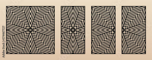 Laser cut patterns collection. Vector set with abstract geometric lines, stripes. Modern geometry panels. Decorative stencil for laser cutting of wood, metal, plastic, paper. Aspect ratio 1:1, 1:2