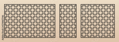 Laser cut panel set. Vector template with abstract geometric pattern in Asian style, square grid. Decorative stencil for laser cutting of wood, metal, sheet materials. Aspect ratio 1:1, 1:2, 3:2