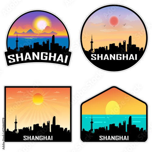 Shanghai China Skyline Silhouette Retro Vintage Sunset Shanghai Lover Travel Souvenir Sticker Vector Illustration SVG EPS AI