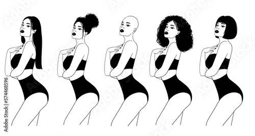 Girls in black lingerie standing sideways linear vector set illustration. Pretty women in black swimsuit with different hairstyles vector outline collection. Design for fashion, lingerie,web design