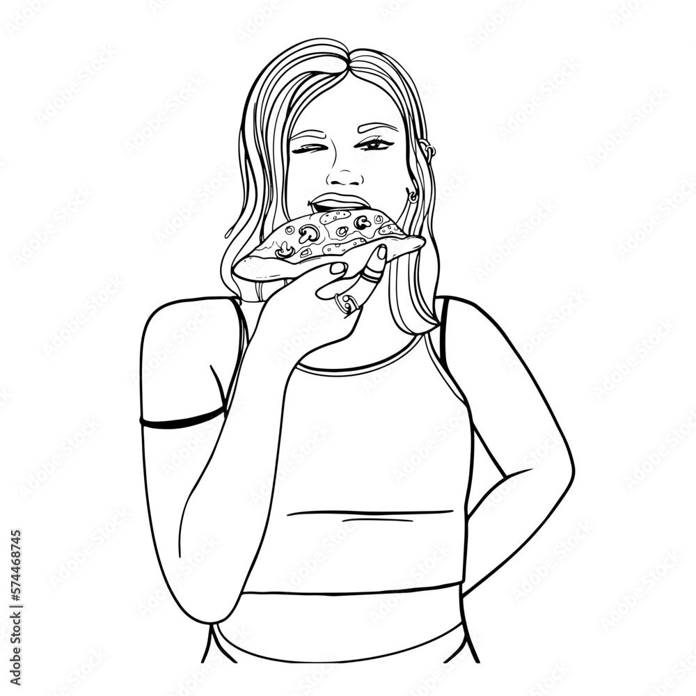 Girl eating pizza outline vector illustration. Continuous line of woman eating piece of pizza vector. Girl eating pizza outline vector illustration. Continuous line of woman eating piece of pizza vector.