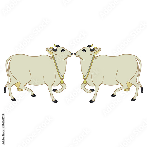 Symmetrical animal design with two white Indian cows. Sacred Hindu animal.