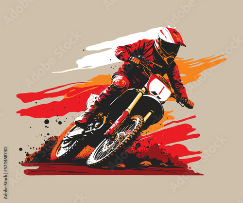 Motocross rider drive on roads full of dirt and mud. Vector illustration