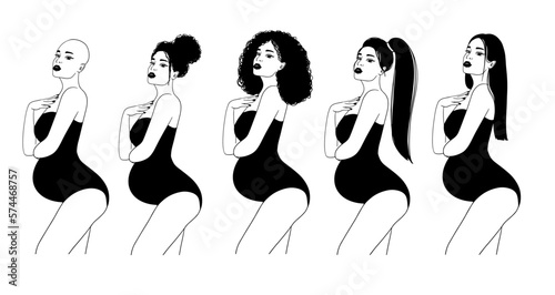 Pregnant girls in black lingerie standing sideways linear vector illustration. Pretty pregnant women in  black swimsuit with different hairstyles vector outline collection.