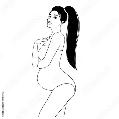 Pregnant woman in lingerie standing sideways outline vector illustration. Pretty expectant woman in swimsuit with ponny tail hair vector linear illustration.