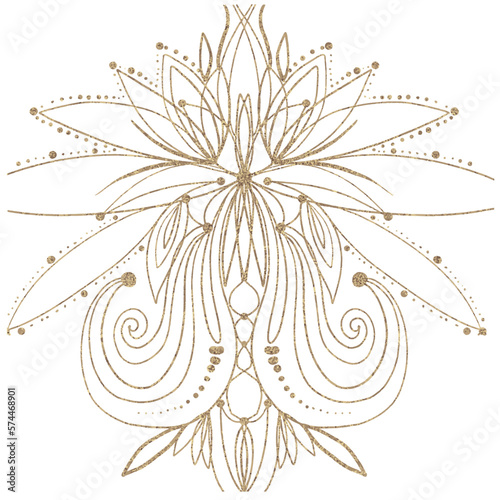 Golden flower mandala ornament vector illustration. Decorative outline mandala, coloring page, yoga, fabric, textile design.