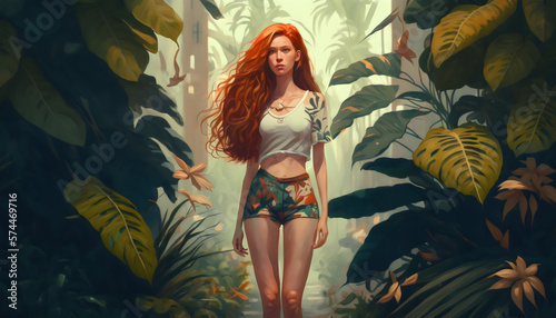 beautiful girl with red hair walking in the forest, Portrait of woman in rain forest, generative AI