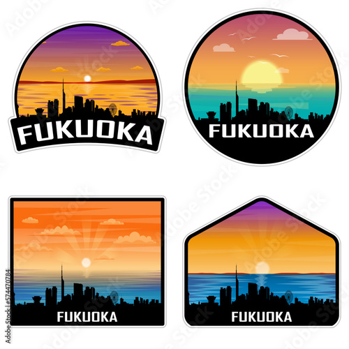 Fukuoka Japan Skyline Silhouette Retro Vintage Sunset Fukuoka Lover Travel Souvenir Sticker Vector Illustration SVG EPS AI