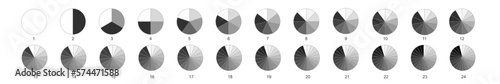 Donut or pie chart templates. Circle divides on 2, 3, 4, 5, 6, 7, 8, 9, 10, 11, 12, 13, 14, 15, 16, 17, 18, 19, 20, 21, 22, 23, 24 equal parts. Set of segmented wheel diagrams. Vector illustration.