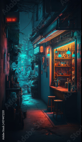 A futuristic cyberpunk cityscape with neon colors and a alley bar in the foreground. Generative AI © Elle Arden 