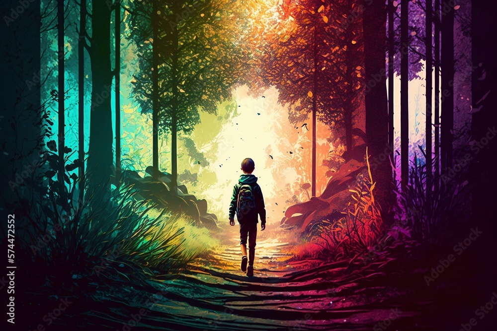 Boy walking into a colorful forest illustrated using generative Ai art
