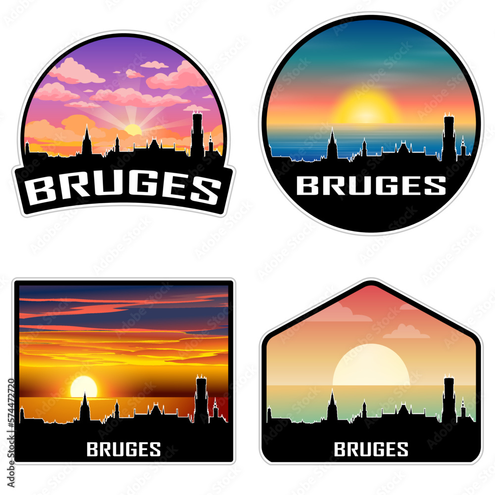 Bruges Belgium Skyline Silhouette Retro Vintage Sunset Bruges Lover Travel Souvenir Sticker Vector Illustration SVG EPS AI