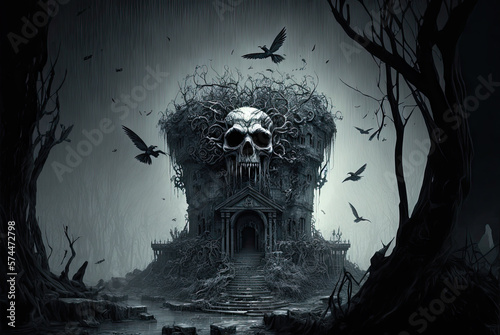 Crypt with skull, crows, horror, black and white. Generative AI
