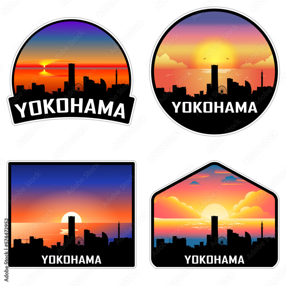 Yokohama Japan Skyline Silhouette Retro Vintage Sunset Yokohama Lover Travel Souvenir Sticker Vector Illustration SVG EPS AI