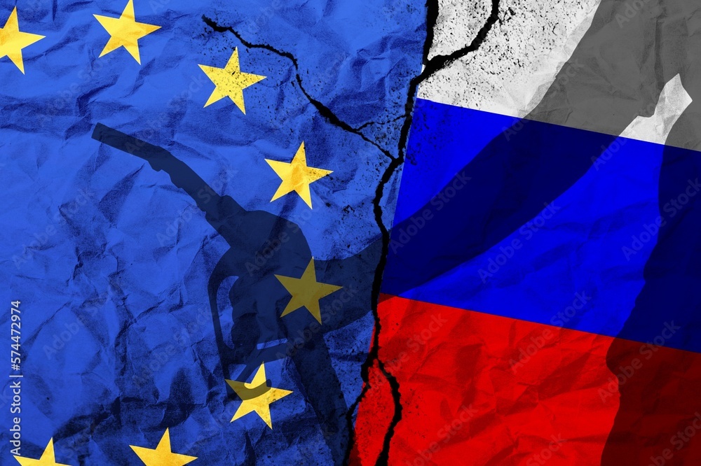 EU Flag and Russia with gas or oil. Crisis concept EU Flag and Russia with gas or oil. Crisis concept