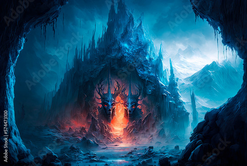 Hellish portal in ice mountain. Generative AI photo