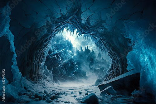 Entrance or mouth of cave in ice landscape. Generative AI