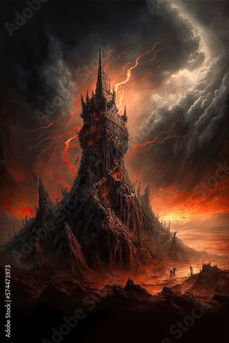 Fotografie Hell landscape, tower, vertical. Generative AI