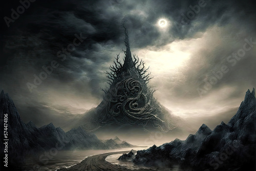 Fotografie Hell landscape, path leading to mountain, horror. Generative AI