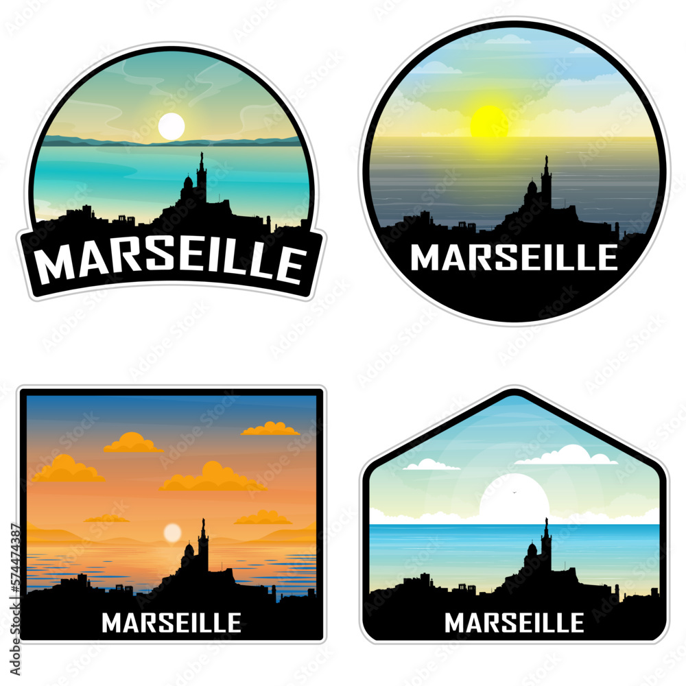 Marseille France Skyline Silhouette Retro Vintage Sunset Marseille Lover Travel Souvenir Sticker Vector Illustration SVG EPS AI