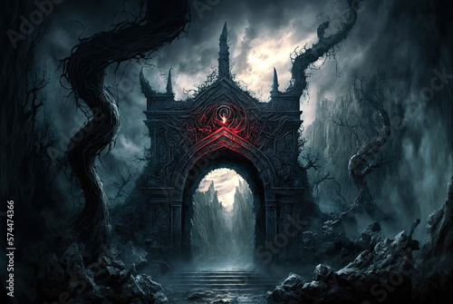 Hell landscape, stone gate, horror. Generative AI