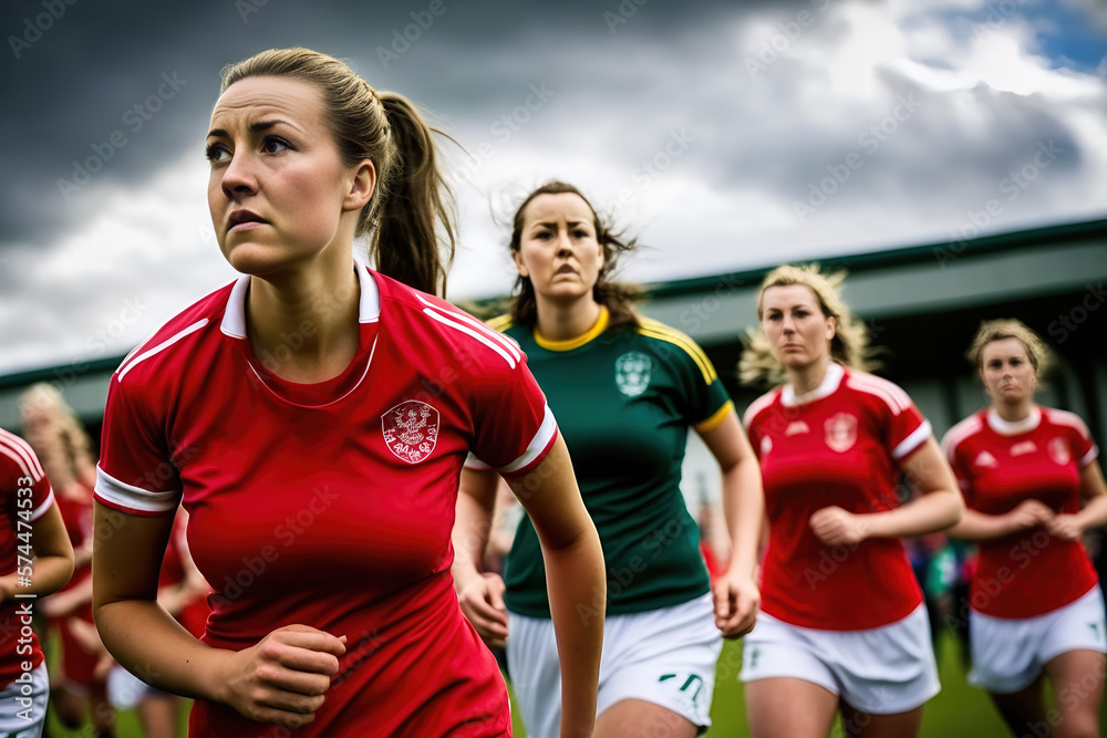 Young women professional football players. Women's Soccer World Cup. Generative AI Young women professional football players. Women's Soccer World Cup. Generative AI