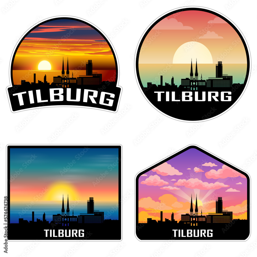 Tilburg Netherlands Skyline Silhouette Retro Vintage Sunset Tilburg Lover Travel Souvenir Sticker Vector Illustration SVG EPS AI