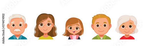 Big happy family siblings relatives portrait. Vector people. Seniors mother and father with daughter, child grandchildrens and grandparents. Grandma grandpa mom dad.