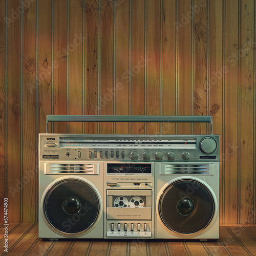 Sunny Summertime Bright Feel Vintage Radio Boom Box with Prism Rainbow Lighting Still Life on Wood Panelling Set.