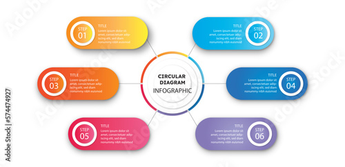Business infographic process with circle template design with icons and 6 options or steps. Professional inforgraphic or info chart template isolated on white background with multiple colours	
