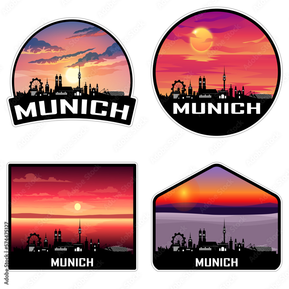 Munich Germany Skyline Silhouette Retro Vintage Sunset Munich Lover Travel Souvenir Sticker Vector Illustration SVG EPS AI