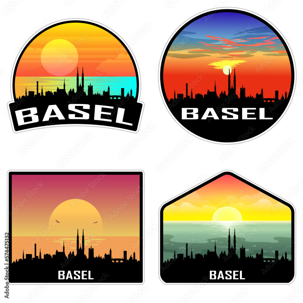 Basel Switzerland Skyline Silhouette Retro Vintage Sunset Basel Lover Travel Souvenir Sticker Vector Illustration SVG EPS AI