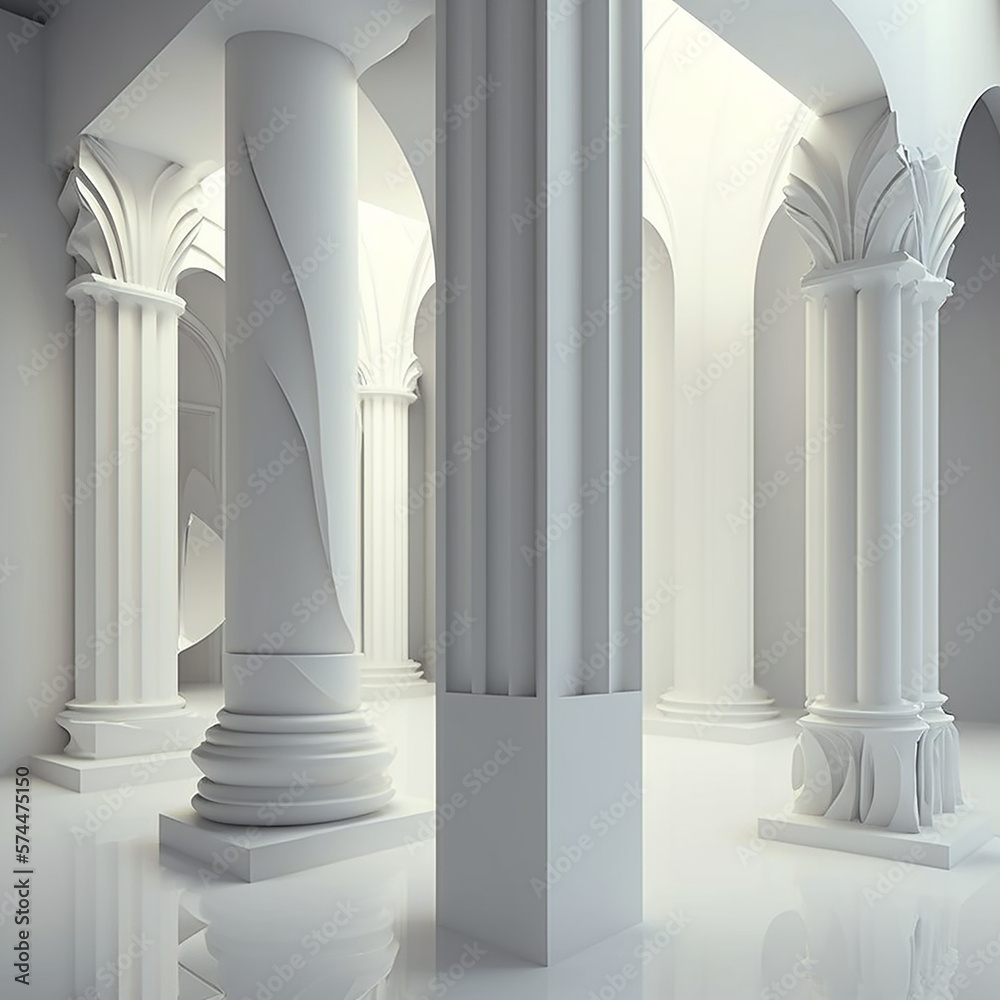 Modern, huge, concrete material, empty hall with many columns and big white glowing windows, wallpaper, sterile, made with Generative AI Modern, huge, concrete material, empty hall with many columns and big white glowing windows, wallpaper, sterile, made with Generative AI
