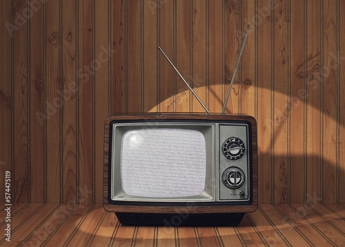 Wood Grain Cabinet Vintage TV Set in Spot Light on Wood Panel Set Still Life