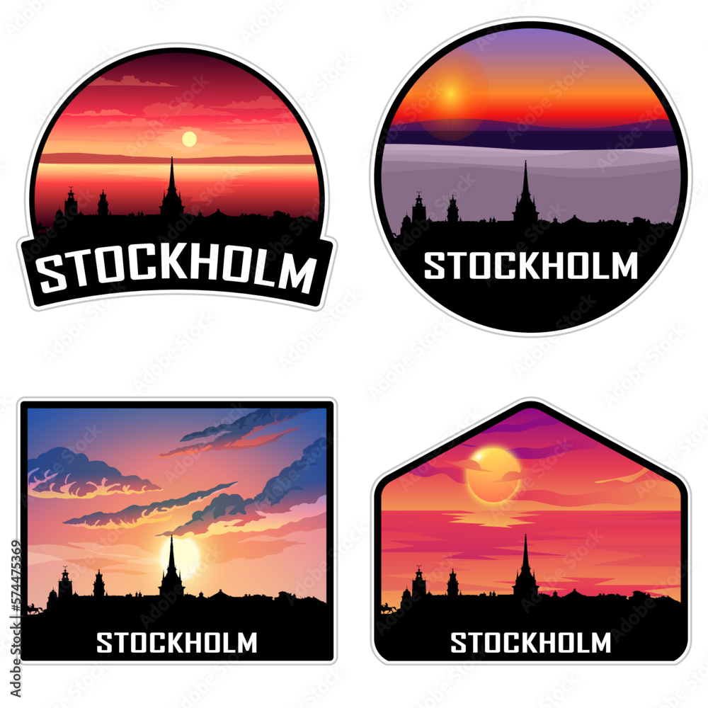 Stockholm Sweden Skyline Silhouette Retro Vintage Sunset Stockholm Lover Travel Souvenir Sticker Vector Illustration SVG EPS AI