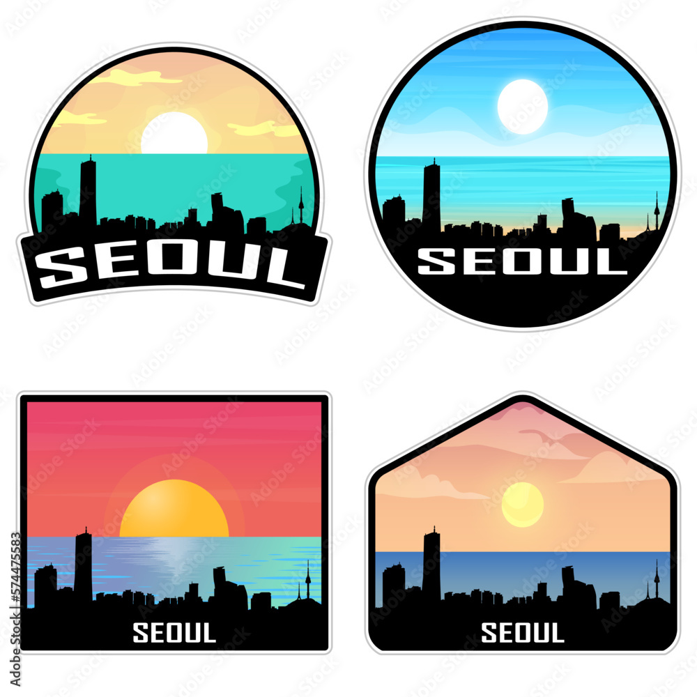 Seoul South Korea Skyline Silhouette Retro Vintage Sunset Seoul Lover Travel Souvenir Sticker Vector Illustration SVG EPS AI