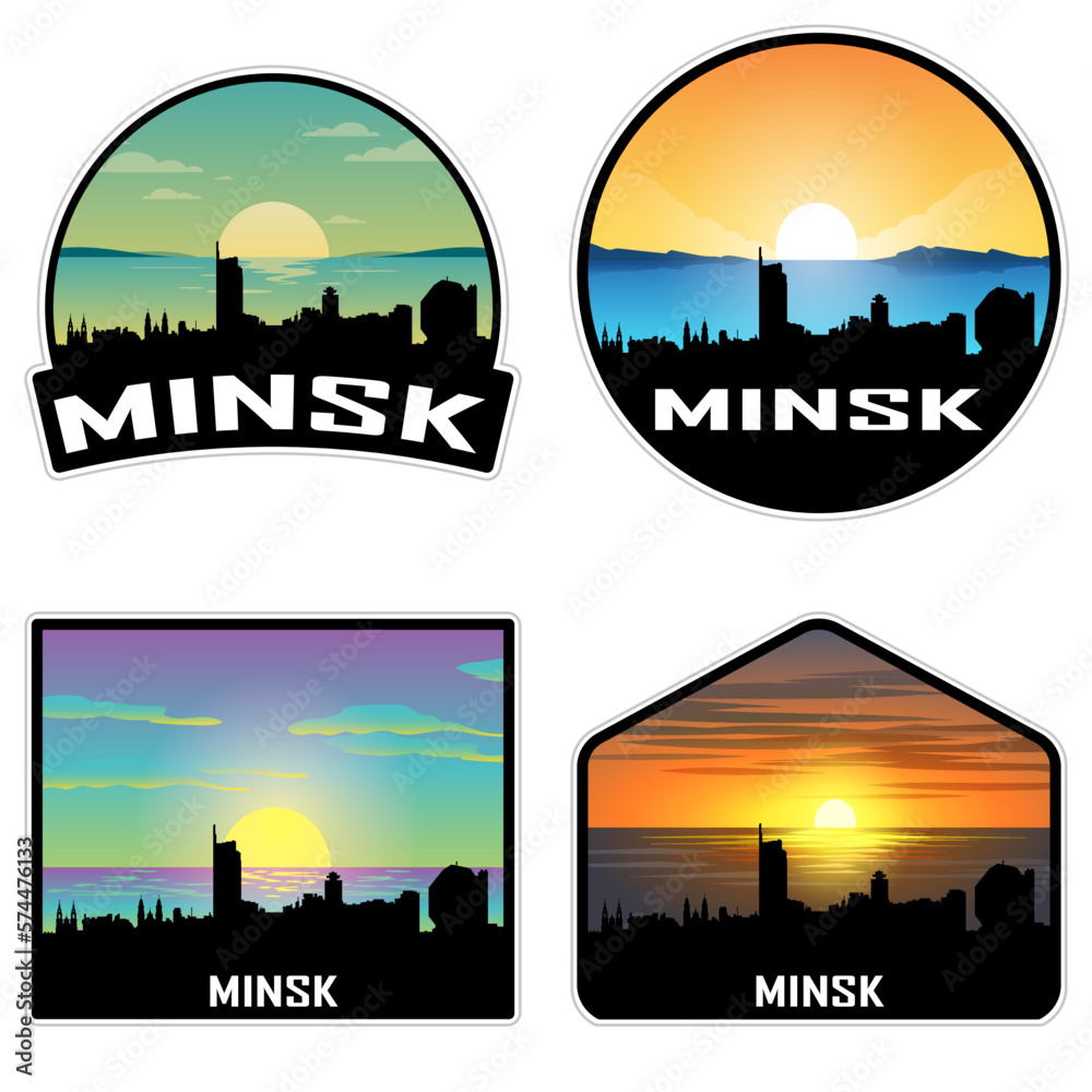 Minsk Belarus Skyline Silhouette Retro Vintage Sunset Minsk Lover Travel Souvenir Sticker Vector Illustration SVG EPS AI