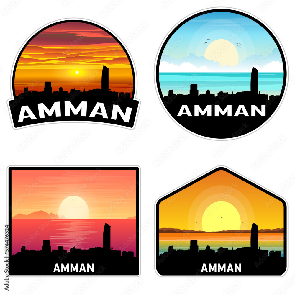 Amman Jordan Skyline Silhouette Retro Vintage Sunset Amman Lover Travel Souvenir Sticker Vector Illustration SVG EPS AI