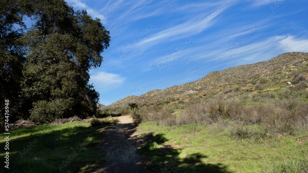 Dirt hiking trail leading through the hills on sunny day Dirt hiking trail leading through the hills on sunny day