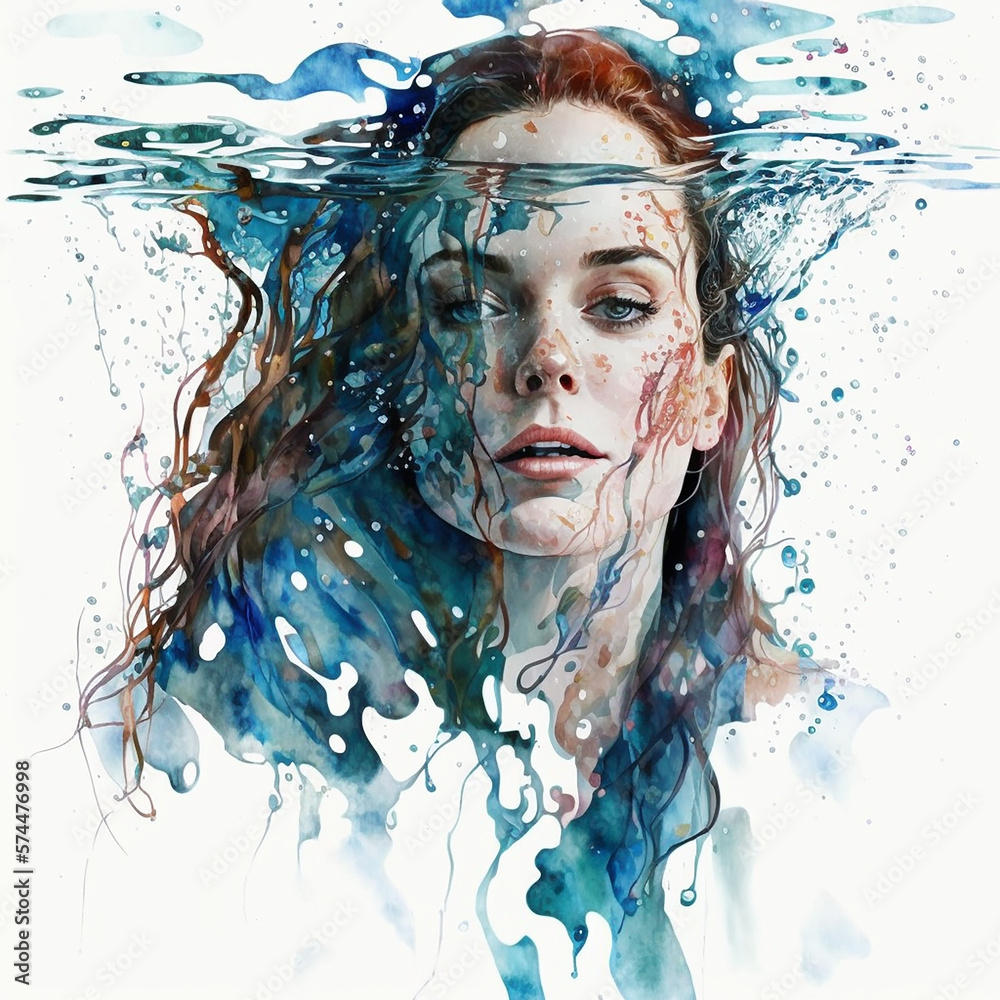 Watercolor portrait of a woman underwater, made with generative AI