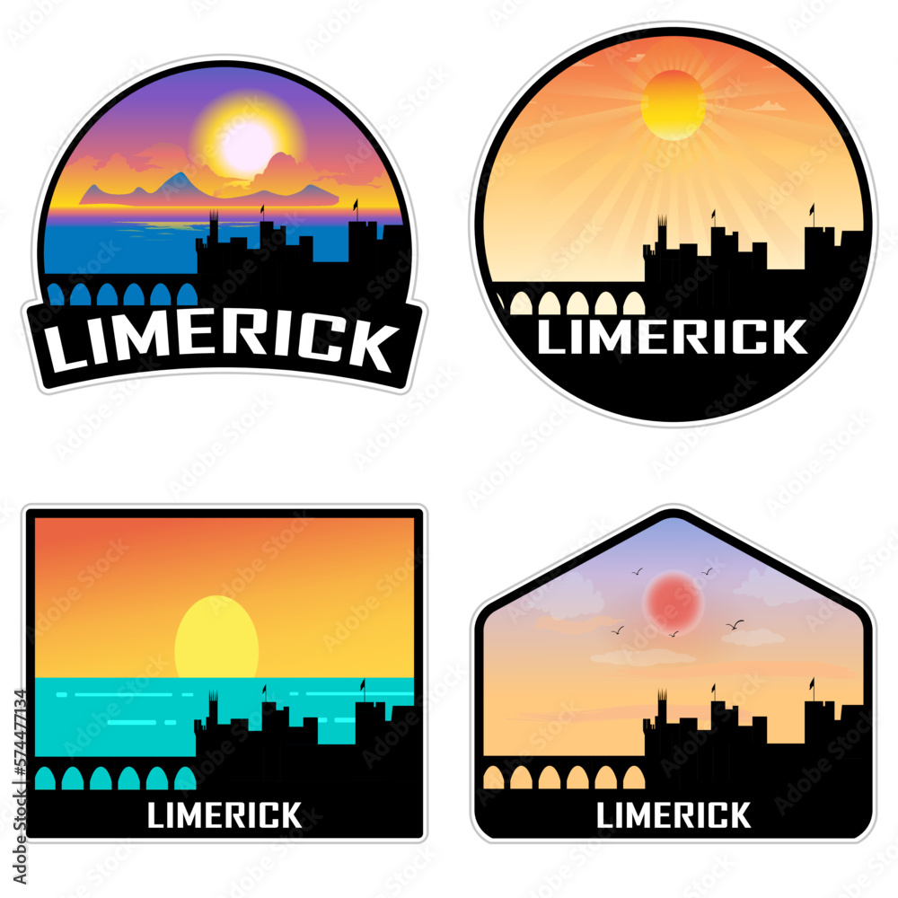 Limerick Ireland Skyline Silhouette Retro Vintage Sunset Limerick Lover Travel Souvenir Sticker Vector Illustration SVG EPS AI