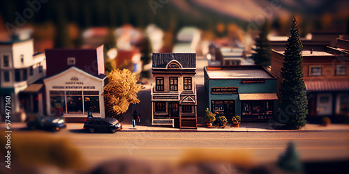 Tilt-Shift Illustration of Downtown in Small Town. Generative ai