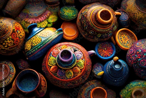 Colorful ceramic bowls and vases with folk floral and geometric patterns. A-generated